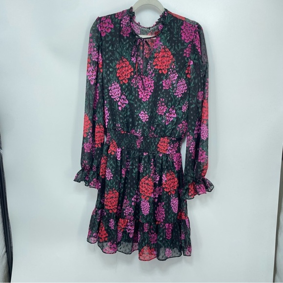 Premier Amour Floral Print Long Sleeve Mock Neck Mini Dress Black Multicolor 14 - Picture 1 of 7